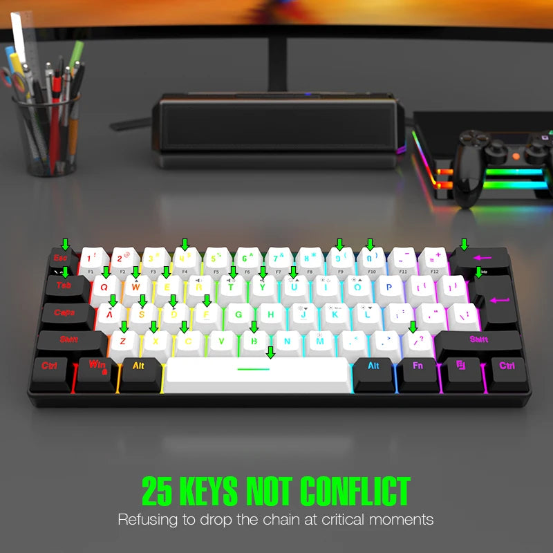 61-key wired white, black and blue switch waterproof mechanical keyboard RGB illuminated game and office kit PUBG gamer backlit
