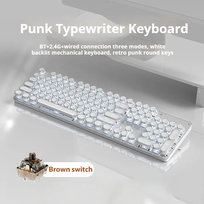EWEADN TK950 Wireless Mechanical Keyboard, 104 Keys, White Backlit, Round Keycaps, Triple Mode BT/2.4G/Wired,  for Win/Mac