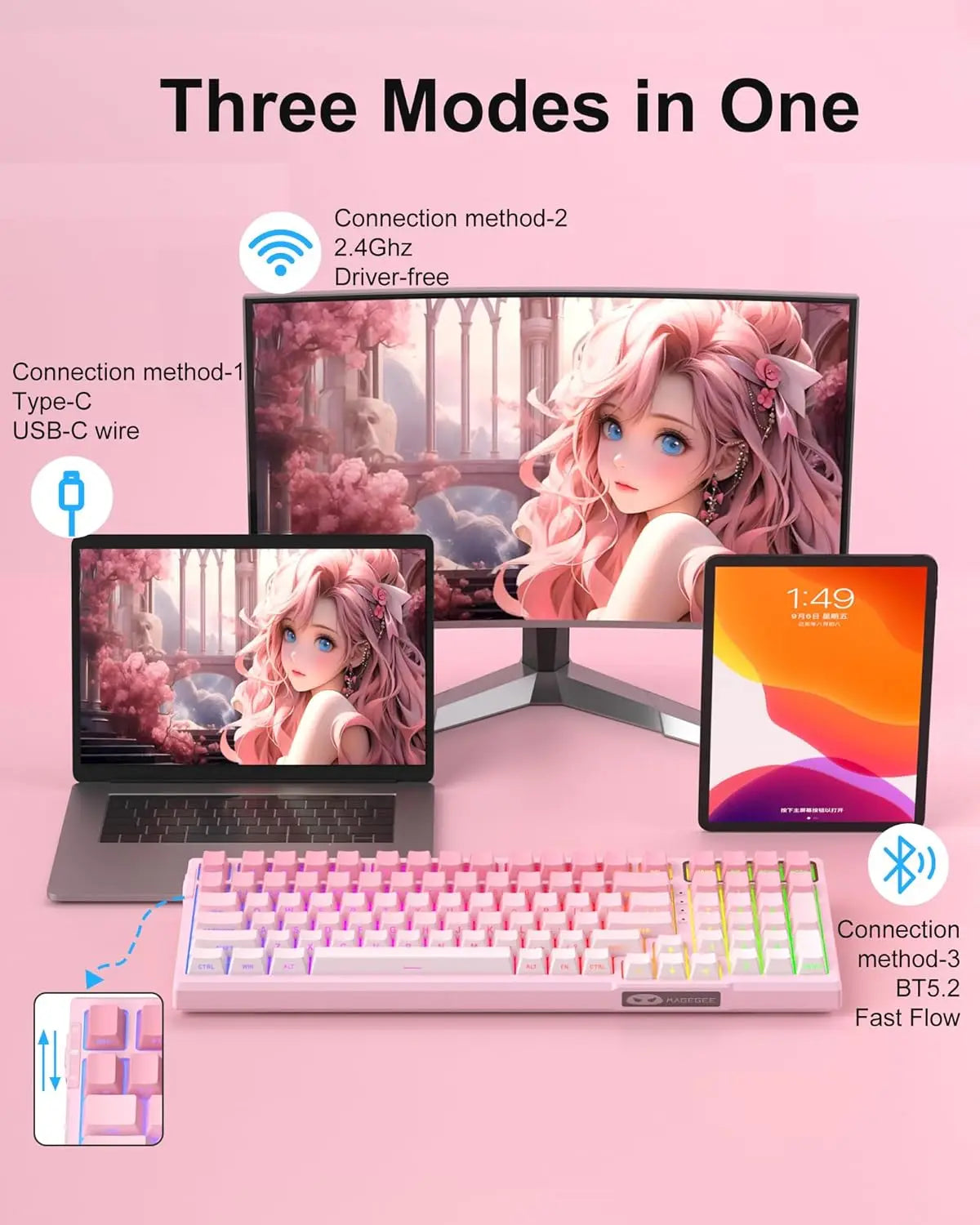 MageGee SKY98 Wireless Gasket Mechanical Gaming Keyboard, 96% Hot Swappable RGB 5-Layer Sound Padding, BT/2.4G/USB-C, NKRO