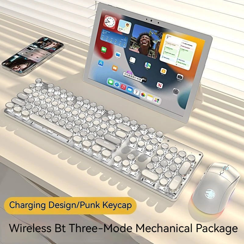 EWEADN TK950 Wireless Mechanical Keyboard, 104 Keys, White Backlit, Round Keycaps, Triple Mode BT/2.4G/Wired,  for Win/Mac