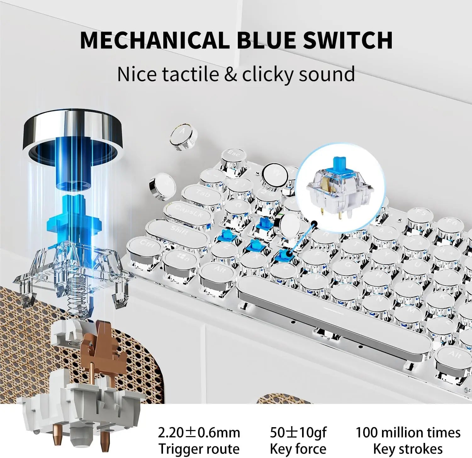 EWEADN TK950 Wireless Mechanical Keyboard, 104 Keys, White Backlit, Round Keycaps, Triple Mode BT/2.4G/Wired,  for Win/Mac