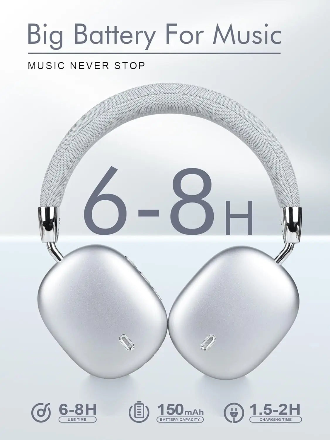 Wireless Over-Ear Headphones, Foldable Portable, Silver Metal, Mesh Fabric, Ideal For Travel Study Sports Music (Silver)