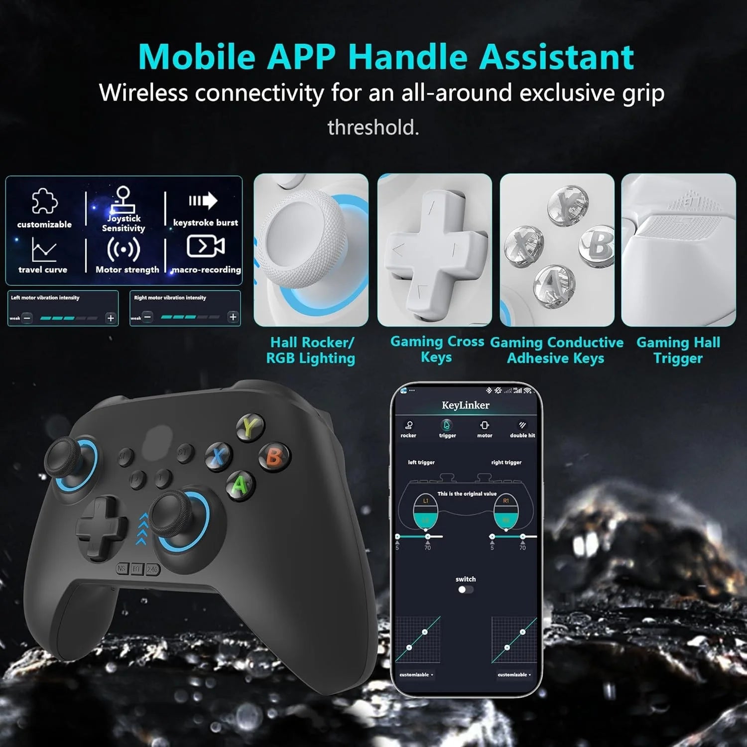 2.4G Wireless/Switch Controller with RGB Lighting/Programming Keys/Corridor Joystick/Corridor Shutter/Vibration, Android Gamepad