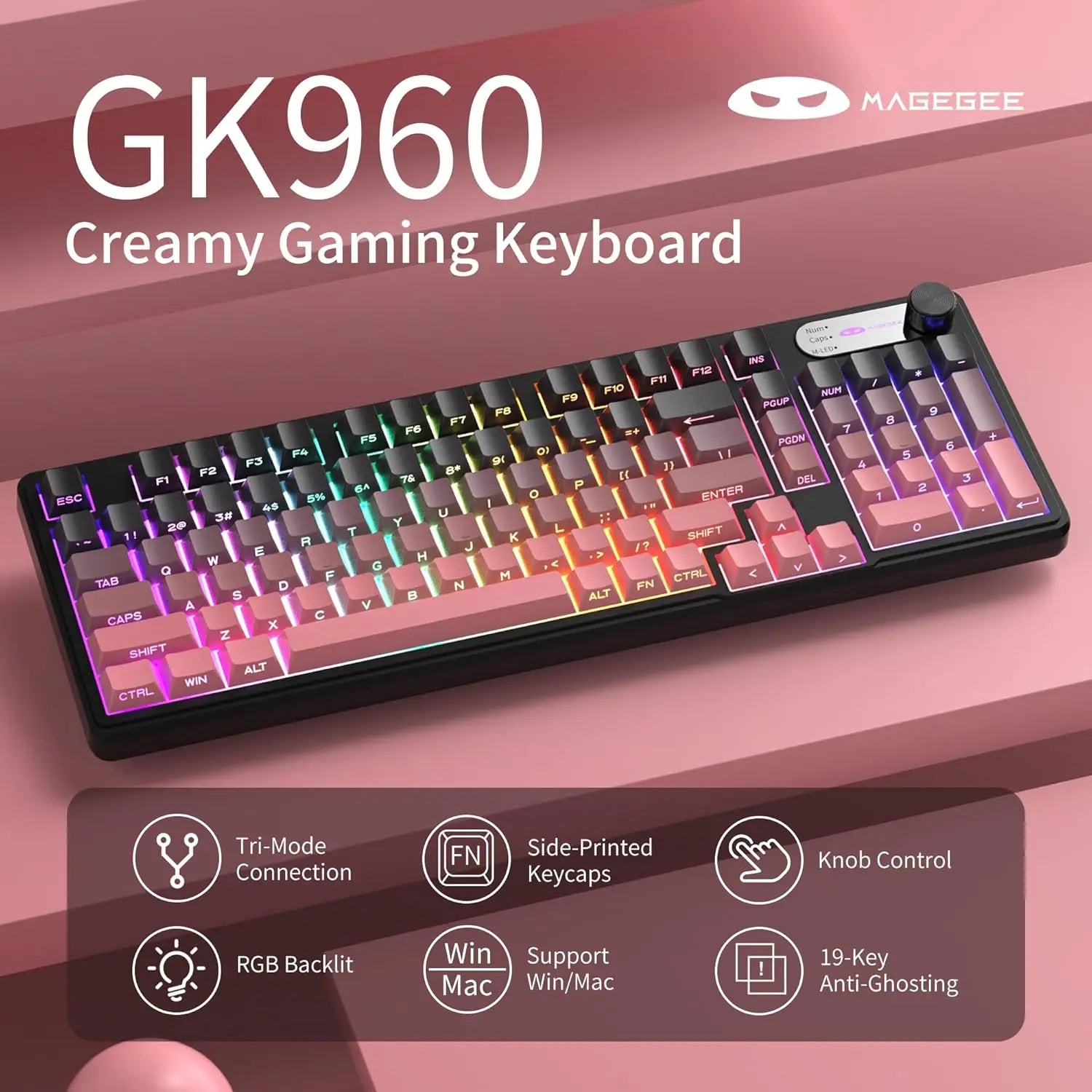 MageGee GK960 Wireless Gaming Keyboard, RGB Tri-Mode Wired/BT/2.4G Creamy Keyboard with Number Pad, 4000mAh Battery, Knob Contro
