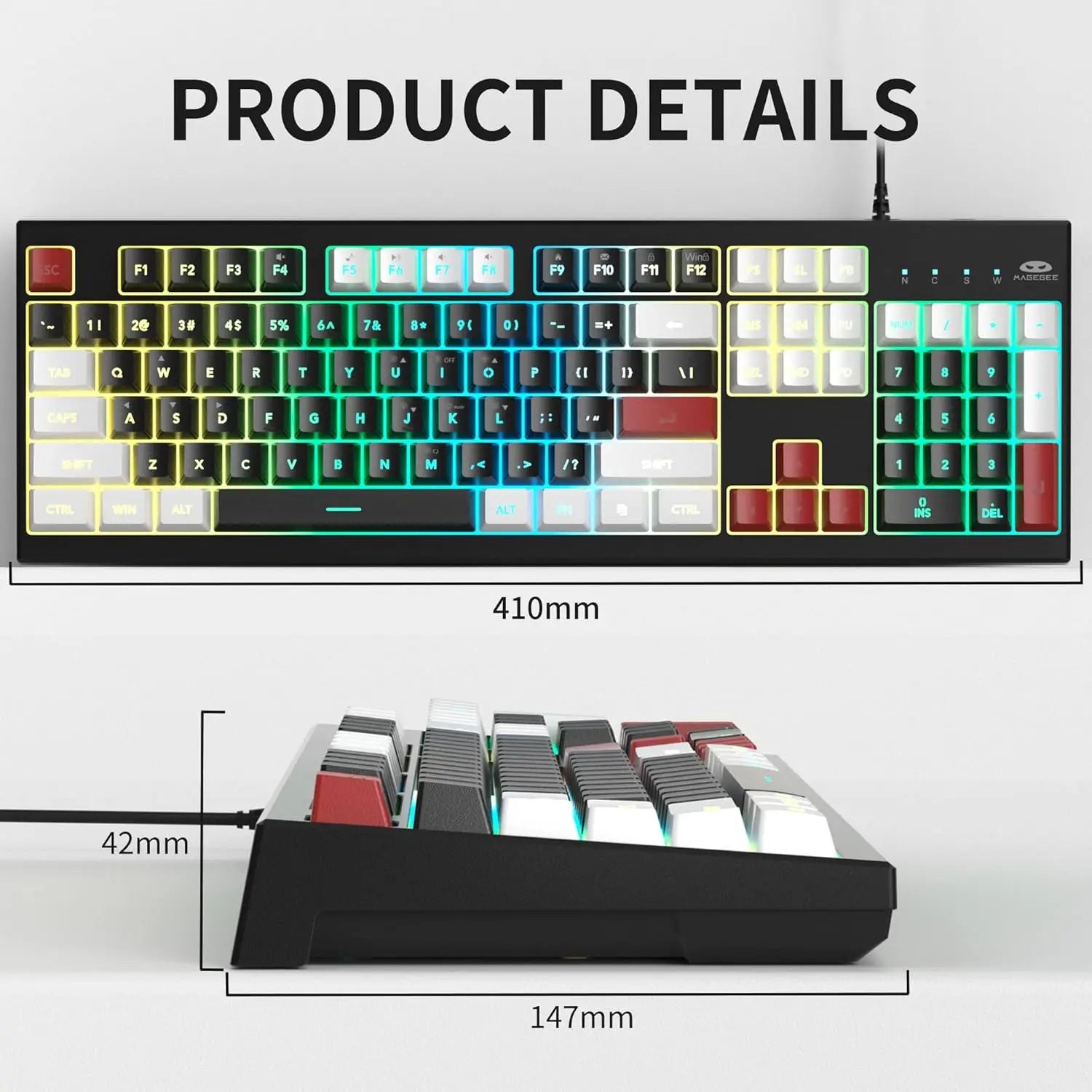 MageGee Creamy Keyboards,K2 Classic Keyboard Wired RGB Backlit 104 Keys Waterproof Ergonomic Keyboard,PC Keyboards for PC/loptop
